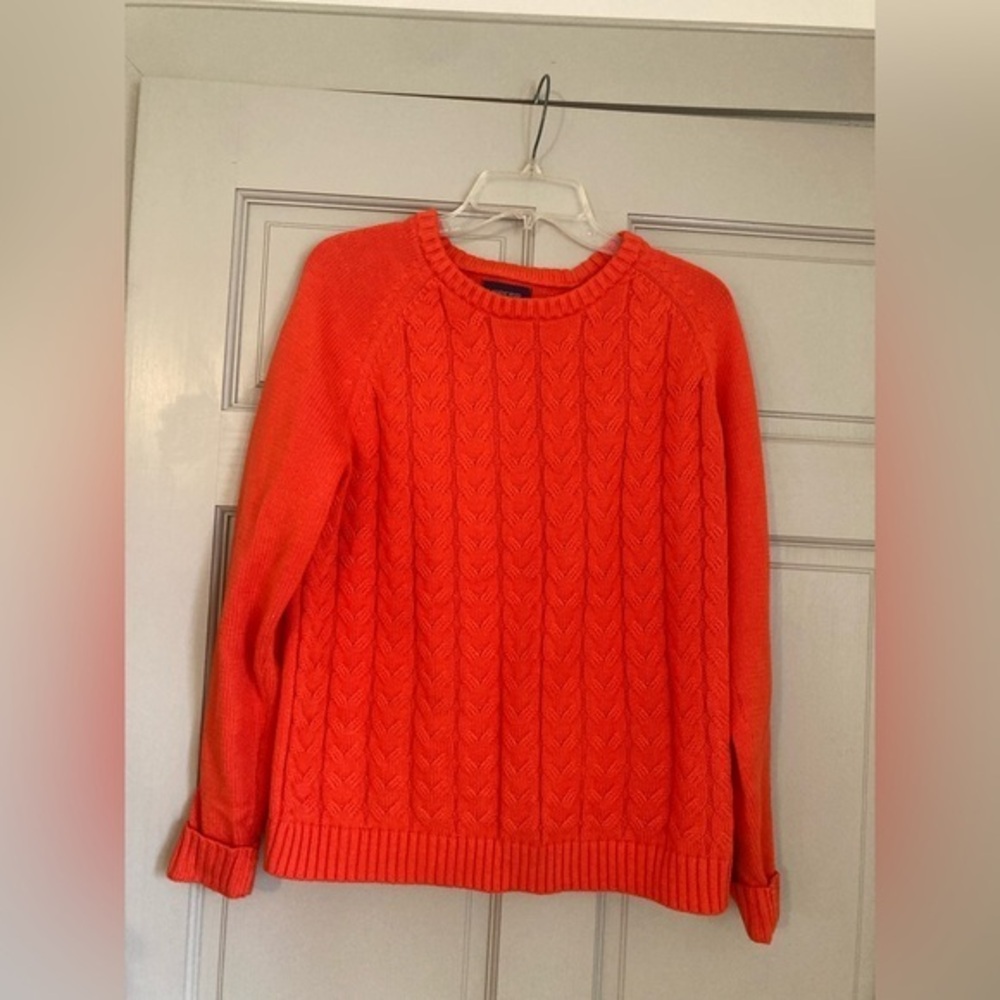 Lands End Drifter Orange Cable Knit Sweater 100% Cotton Classic  Size L